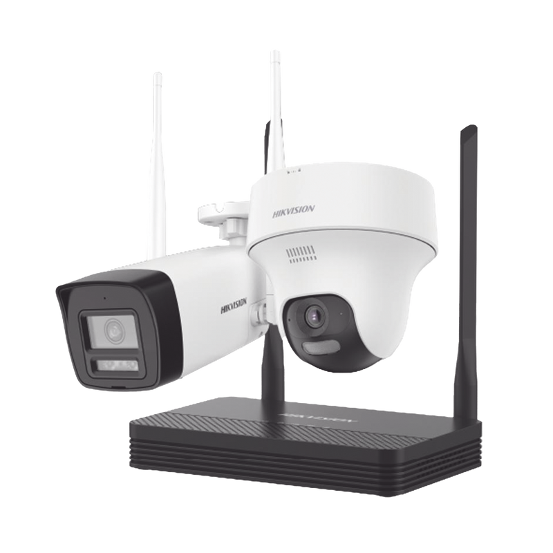 NKS424W02H Kit IP Inalámbrico 4 Megapixel / NVS 4 Canales / 1 Cámara Bala Exterior + 1 Cámara Turret Interior con Lente 2.8 mm y Dual Light / Audio Bidireccional (Micrófono y Bocina) / Soporta Micro SD de 512 GB