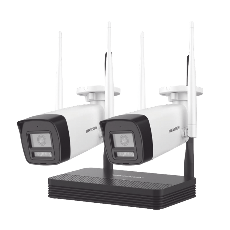 NKS424W0H Kit IP Inalámbrico 4 Megapixel / NVS 4 Canales / 2 Cámaras Bala para Exterior con Lente 2.8 mm y Dual Light (30 mts IR + 30 mts Luz Blanca) / Audio Bidireccional (Micrófono y Bocina) / Soporta Micro SD de 512 GB