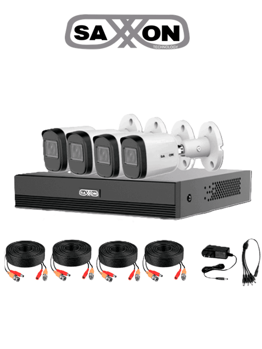 SAXXON SUA-KIT/XVR1E04-I/4-B20M-0280B-Kit de 4Canales HDCVI 1080P/4 Cámaras B20M de 2.8mm con Campo de Visión de Hasta 100°/Grabador Soporta Hasta 5 Canales IP yDetección de Movimiento Inteligente/Cámaras Fabricadas en Metal deAlta Duración
