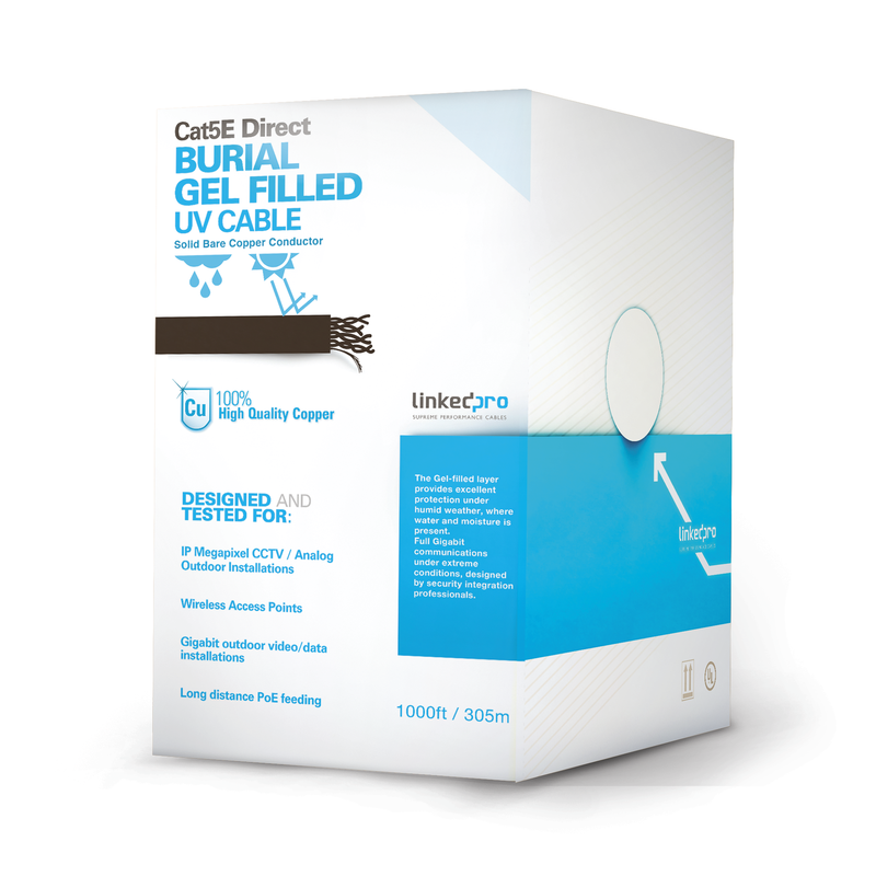 PRO-CAT-5E-GELX Bobina de cable de 305 m, Cat5E, con gel, para intemperie, doble forro extrema humedad, bajo tierra, UL, color negro para aplicaciones en video vigilancia, y redes de alta velocidad.