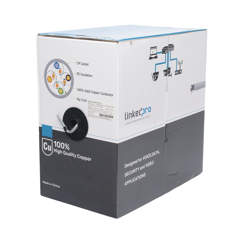 Bobina de cable de 305 m, ( 1000 ft ), Cat5e, alto desempeño, de color Gris, UL, para aplicaciones en video vigilancia, redes de datos. Uso Interior