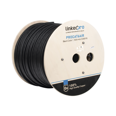 Bobina de cable FTP con Mensajero de Acero de 305 m Cat6+ CALIBRE 23, color negro, para aplicaciones en video vigilancia y redes de datos / Uso en Intemperie y aplicaciones Aéreas - Toer