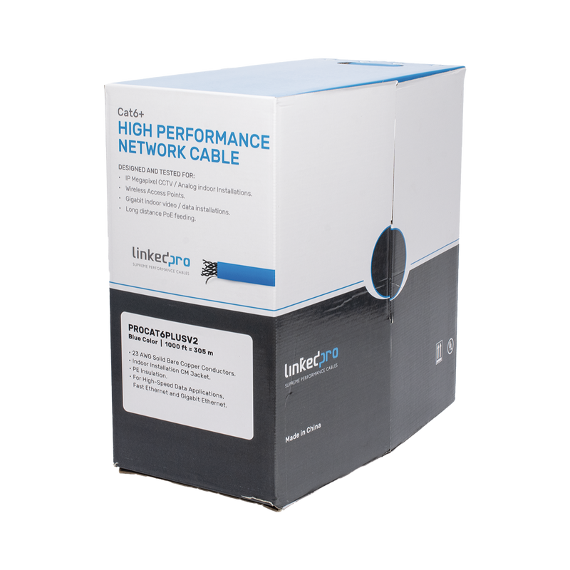 Bobina de cable de 305 metros Cat6+, CM, CALIBRE 23 ALTO RENDIMIENTO, ETL,UL, color azul, super flexible, para aplicaciones de video vigilancia, video HD, y redes de datos. Uso interior.