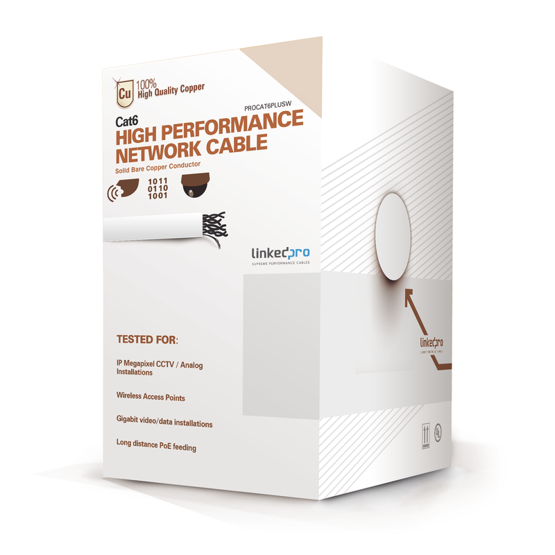PRO-CAT-6-PLUSW Bobina de cable de 305 metros de cable Cat6 de alto desempeño, super flexible, UL, Cobre, color blanco, para aplicaciones de video vigilancia y redes de datos
