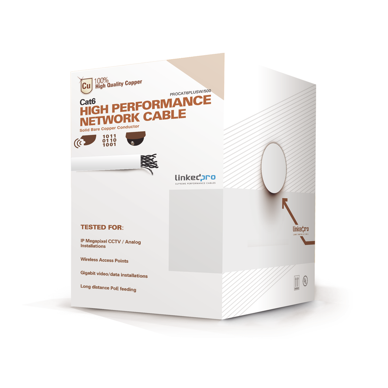 PRO-CAT-6-PLUS-W/500 Bobina de cable de 152 Metros Cat6+ CALIBRE 23 ALTO DESEMPEÑO, super flexible, UL, color Blanco, para aplicaciones de video vigilancia y redes de datos