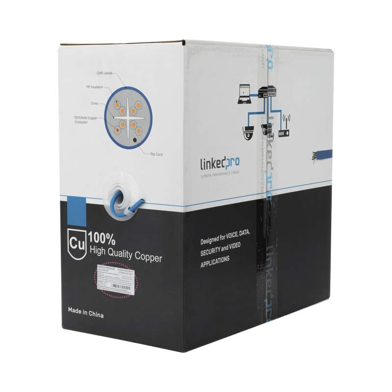 Bobina de cable de 305 metros Cat6+, CMR, CALIBRE 23 ALTO RENDIMIENTO, ETL,UL, color azul, super flexible, para aplicaciones de video vigilancia, video HD, y redes de datos. Uso interior.