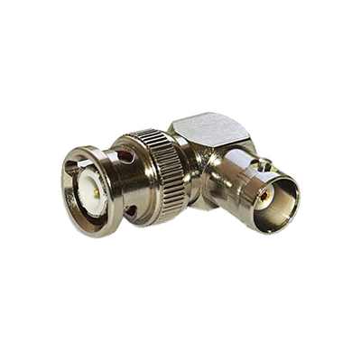 Adaptador en Ángulo Recto, de Conector BNC Macho a BNC Hembra, 50 Ohm (Monitor), Níquel/ Plata/ Teflón. - Toer