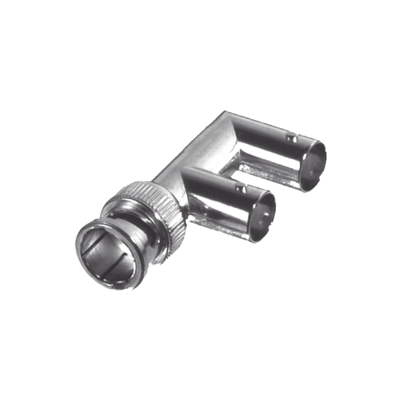 Adaptador Triple en F para 75 Ohm, de Conector BNC Macho a Doble BNC Hembra, Níquel/ Oro/ Delrin.