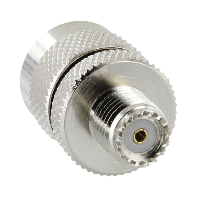 Adaptador en Línea de Conector Mini UHF Hembra a UHF Macho (PL-259), Níquel/ Oro/ Teflón. - Toer
