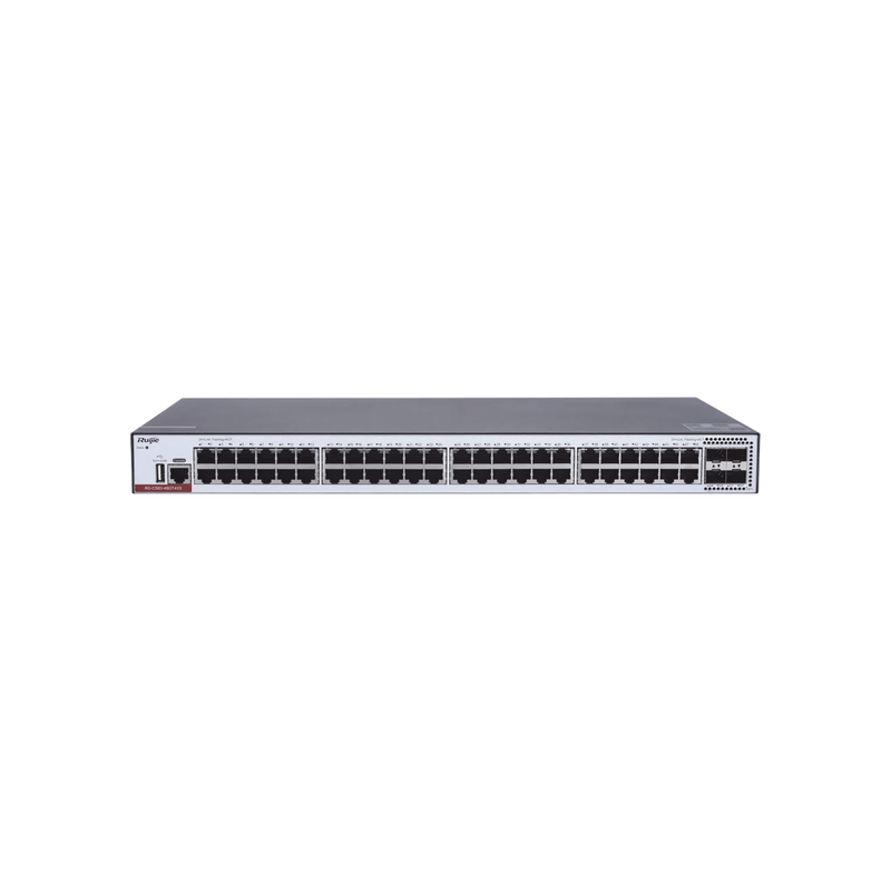 RG-CS83-48GT4XS Switch Administrable Capa 3 con 48 puertos Gigabit + 4 SFP+ para fibra 10Gb, gestión gratuita desde la nube.