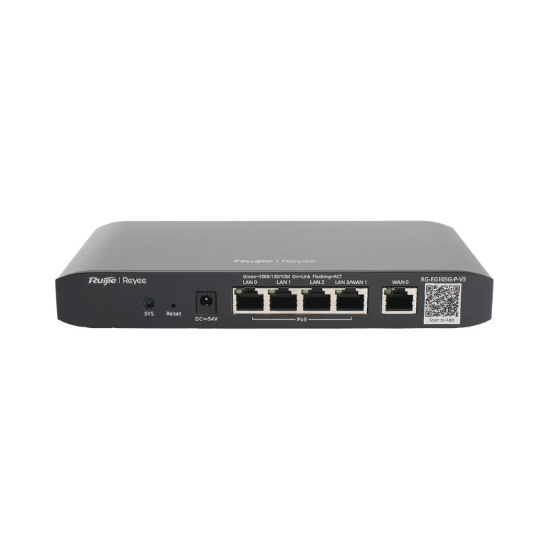 RG-EG105G-P-V3 Router Balanceador con Función SD-WAN, POE+ hasta 54w, 3 puertos LAN gigabit, 1 Puerto WAN gigabit y 1 puerto LAN/WAN gigabit configurable, hasta 100 clientes con desempeño de 600 Mbps asimétricos
