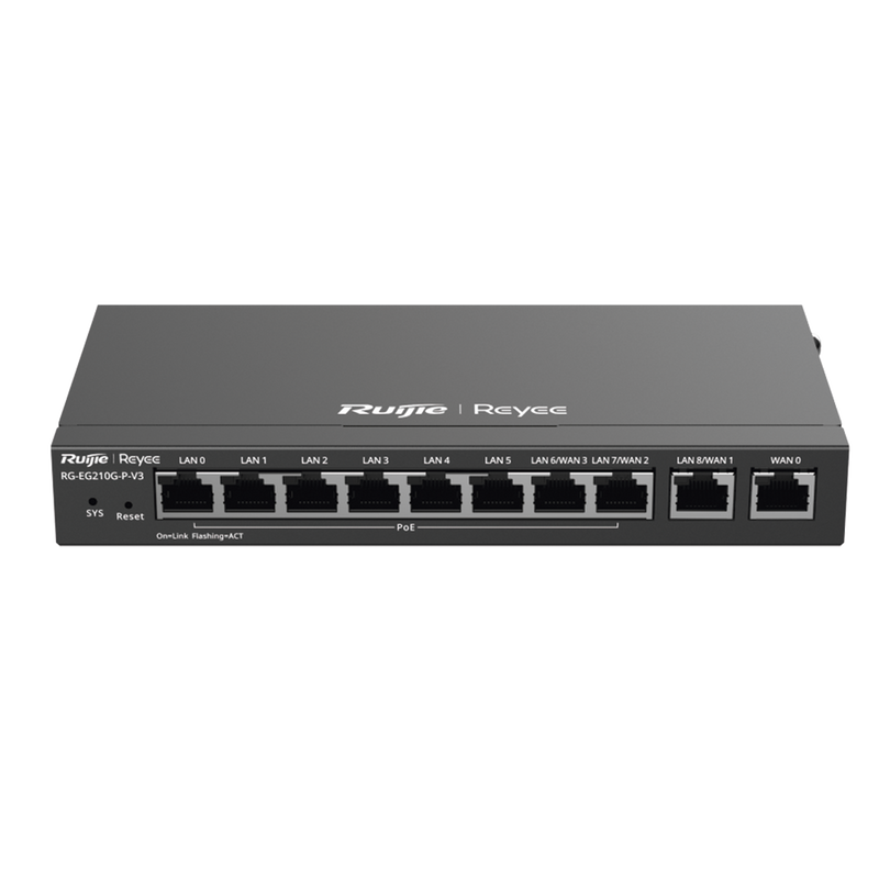 RG-EG210G-P-V3 Router Balanceador con Función SD-WAN, PoE+ hasta 110w, 10 puertos gigabit (8 puertos PoE), soporta 4x WAN configurables, hasta 200 clientes con desempeño de 1,000 Mbps