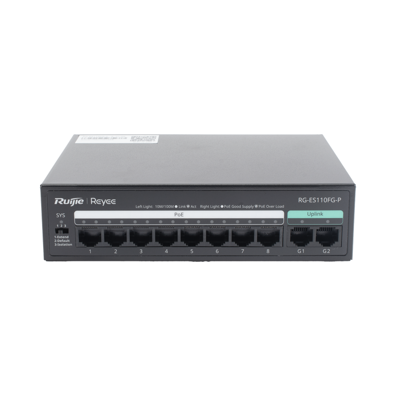 RG-ES110FG-P Switch PoE no administrado de 2 puertos Gigabit y 8 puertos 10/100 Mbps