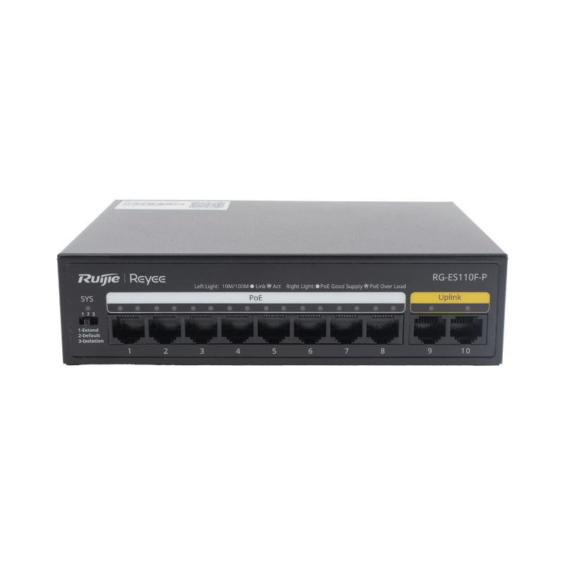RG-ES110F-P Switch PoE+ con 10 Puertos 10/100 Mbps / 110 W / Carcasa de Acero / No Administrable