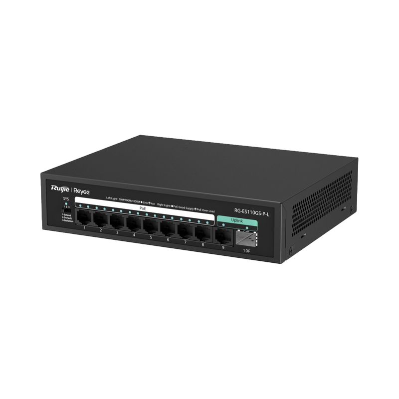 RG-ES110GS-P-L Switch PoE hasta 120W, no administrable, con 10 puertos 10/100/1000 Mbps Monitorearle en la Nube
