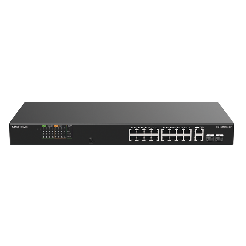 RG-ES118FGS-LP Switch PoE+ 120 Watts, No Administrable Ideal para CCTV, 16 Puertos 10/100, 2 Uplinks Gigabit y 2 SFP, Carcasa Metálica