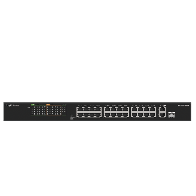RG-ES126FGS-LP Switch PoE+ No Administrable hasta 180W Ideal para CCTV, 24 Puertos 10/100 y2 Uplinks Gigabit, Carcasa Metálica