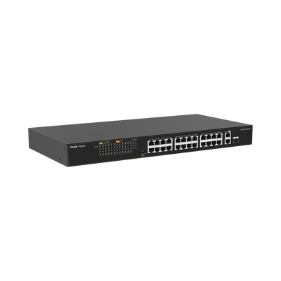 Switch PoE+ no Administrable, hasta 370 Watts Ideal para CCTV, 24 Puertos 10/100 PoE+, 2 Uplinks Gigabit (1 SFP COMBO)