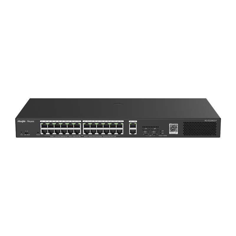 RG-ES228GS-P Switch Smart PoE con 24 puertos Gigabit PoE 802.3af/at + 2 SFP para fibra 1Gb, gestión gratuita desde la nube, 370w