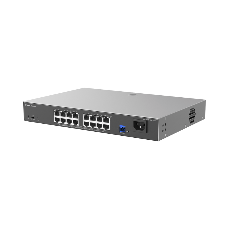 RG-NBF2100S-16GT1SC-P e-Lighten ONU / Switch PoE+ Hibrido, Capa 2 con un Puerto PON 1G SC/UPC y 16 Puertos Ethernet PoE+ 1G hasta 240 Watts y 100 Clientes