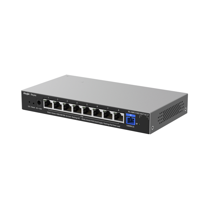 RG-NBF2100S-8GT1SC-P e-Lighten ONU / Switch PoE+ Hibrido, Capa 2 con un Puerto PON 1G SC/UPC y 8 Puertos Ethernet PoE+ 1G hasta 120 Watts y 100 Clientes