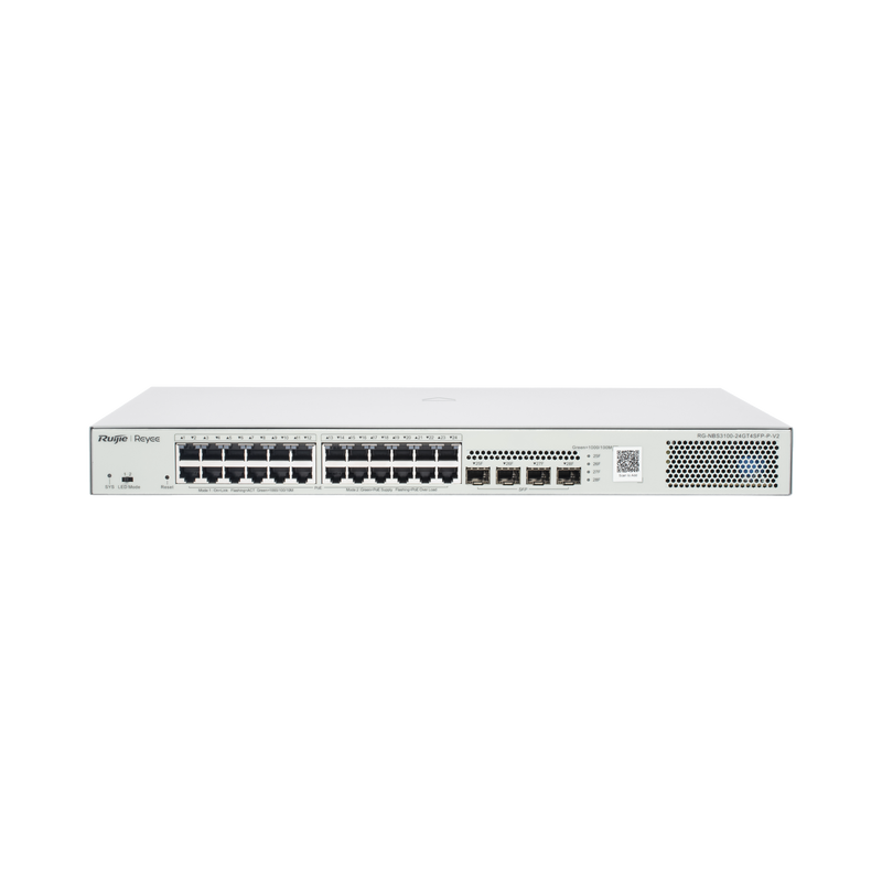 RG-NBS3100-24GT4SFP-P-V2 Switch Administrable L2 PoE+ hasta 370W, 24 Puertos Eth 1G, 4 puertos SFP 1G, Administración Remota en la Nube.