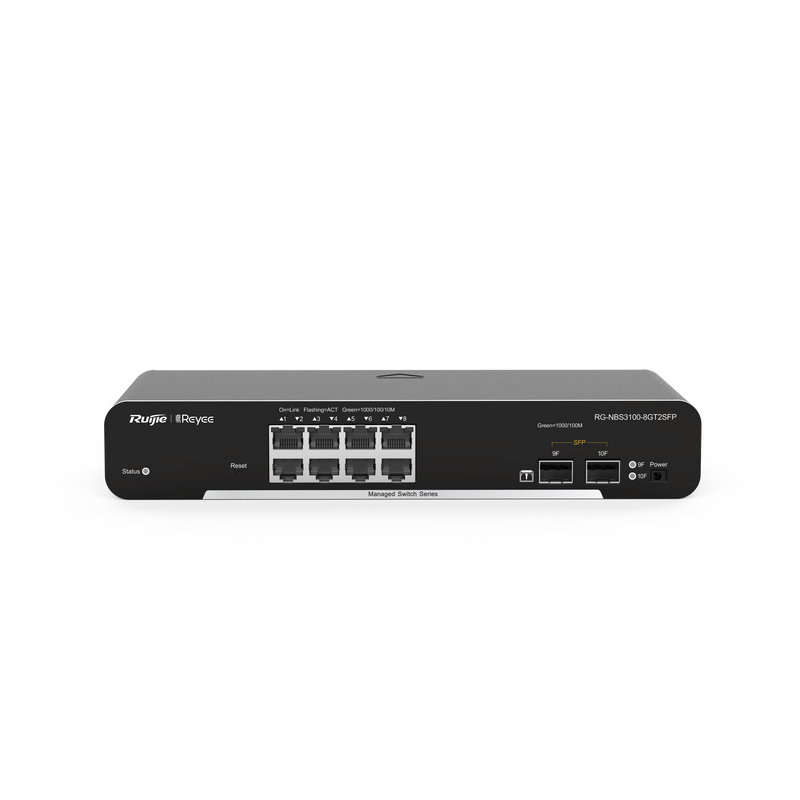 RG-NBS3100-8GT2SFP-P Switch Administrable PoE Capa 2, con 8 puertos Gigabit PoE 802.3af/at + 2 SFP para fibra 1Gb, gestión gratuita desde la nube, 125w