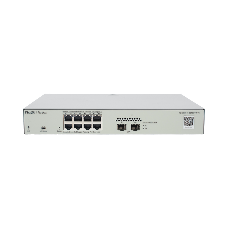 RG-NBS3100-8GT2SFP-P-V2 Switch Administrable PoE Capa 2 con 8 puertos Gigabit PoE 802.3af/at + 2 SFP para fibra 1Gb, gestión gratuita desde la nube, 125w
