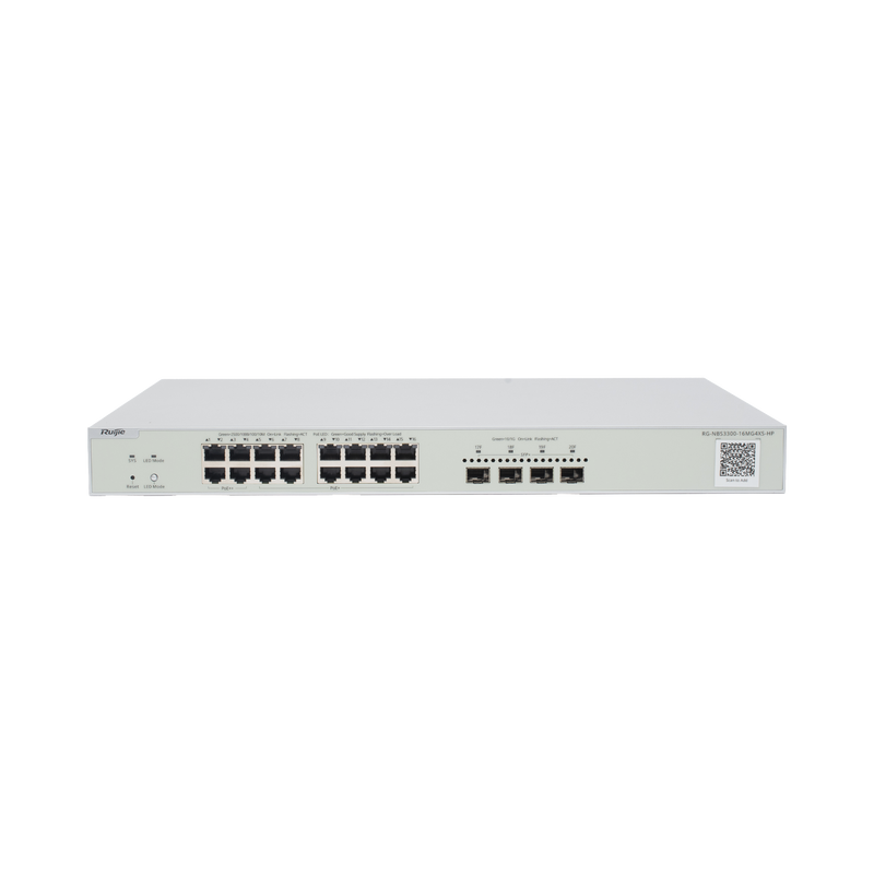 RG-NBS3300-16MG4XS-HP Switch Multi-Gigabit PoE++ hasta 370W, Capa 2 con 4 Puertos 2.5G (90W), 12 Puertos 2.5G (30W) y 4 Uplink SFP+ 10G , Administrable Cloud, Diseñado Para Access Points WiFi 6/7