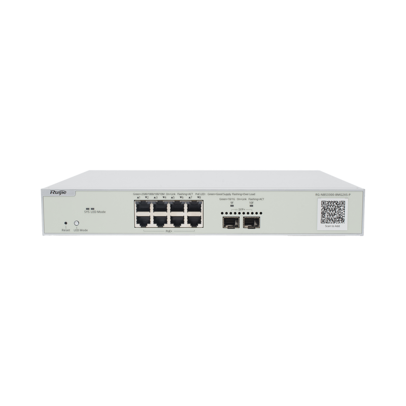 RG-NBS3300-8MG2XS-P Switch Multi-Gigabit PoE+ Capa 2 con 8 Puertos 2.5G PoE+ hasta 240W y 2 Uplink SFP+ 10G ,Administrable Cloud, Diseñado Para Access Points WiFi 6/7
