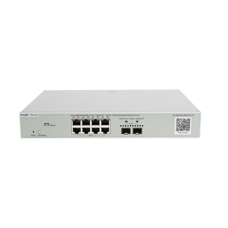 RG-NBS5300-8MG2XS-UP Switch Multi-Gigabit PoE++ 370W 802.3bt Capa 3 Administrable Cloud, Diseñado Para Access Points WiFi 6/7