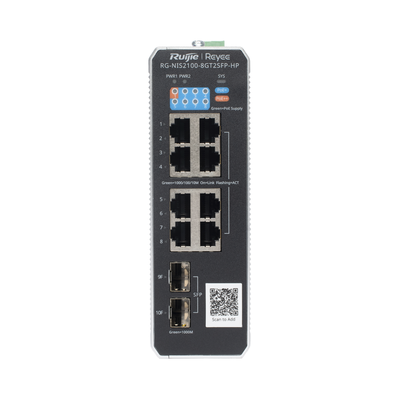 RG-NIS2100-8GT2SFP-HP Switch Industrial PoE hasta , Ideal para temperaturas Extremas y protección contra descargas, 1 x PoE++ Port, 7 x PoE+ Ports, and 2 x SFP Uplink Ports