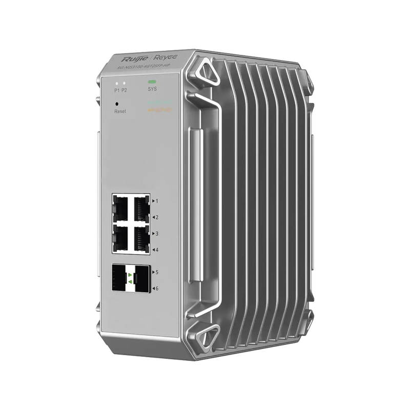 RG-NIS3100-4GT2SFP-HP Switch Industrial PoE hasta , Ideal para temperaturas Extremas y protección contra descargas, 4 Puertos Gigabit PoE 802.3 af/at, 2 puertos SFP Administrable Cloud