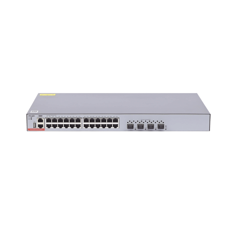 RG-S5300-24GT4XS-E Switch Administrable Capa 3 con 24 puertos Gigabit + 4 SFP+ para fibra 10Gb, gestión gratuita desde la nube.