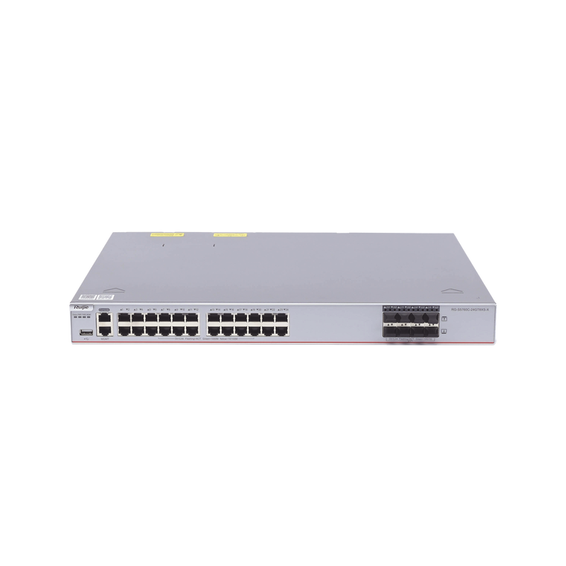 RG-S5760C-24GT8XS-X Switch Core Administrable Capa 3 con 24 puertos Gigabit + 8 SFP+ para fibra 10Gb, gestión gratuita desde la nube.
