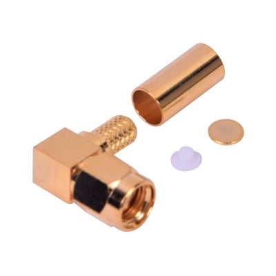 RP-3010-1C1 Conector SMA Macho Inverso en Ángulo Recto de Anillo Plegable para Cables RG-58/U, RG-142/U, Oro/ Oro/ Teflón.