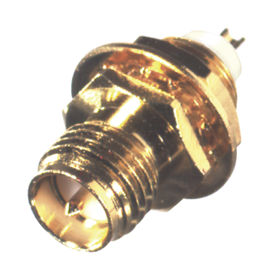 Conector SMA Hembra Inverso de Montaje Frontal en Panel, D-Plano, Soldable, Oro/ Oro/ Teflón.