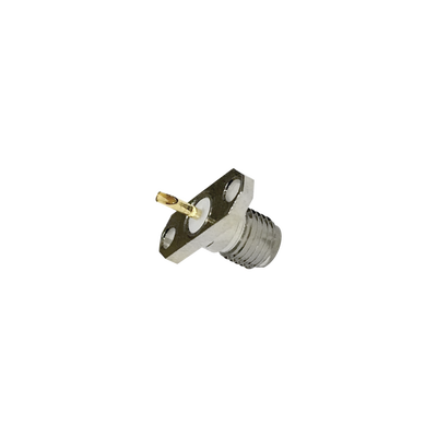 Conector SMA Hembra de Montaje en Panel para 2 Perforaciones y PIN Soldable, Requiere Capucha, Níquel/ Oro/ Teflón.