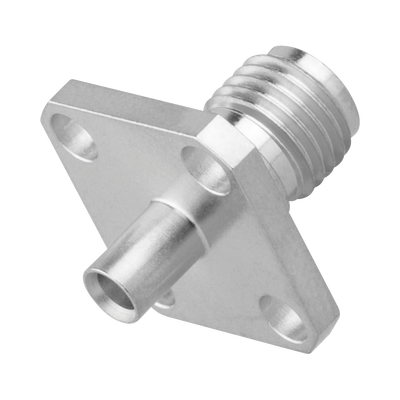 Conector SMA Hembra, 4 Hoyos en Panel de 13 mm, Soldable en Cable Semi-Rígido de 0.047" Diámetro, Grupo SR0, SS-Oro/ Oro/ Teflón.