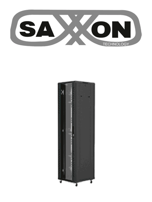 SAXXON SXR37U6637S - Gabinete de Piso color Negro / 37UR / Puerta de Vidrio Templado / Alto 180 cm / Ancho 60 cm / Profundidad 60 cm / Incluye Base con 2 Ventiladores 110V