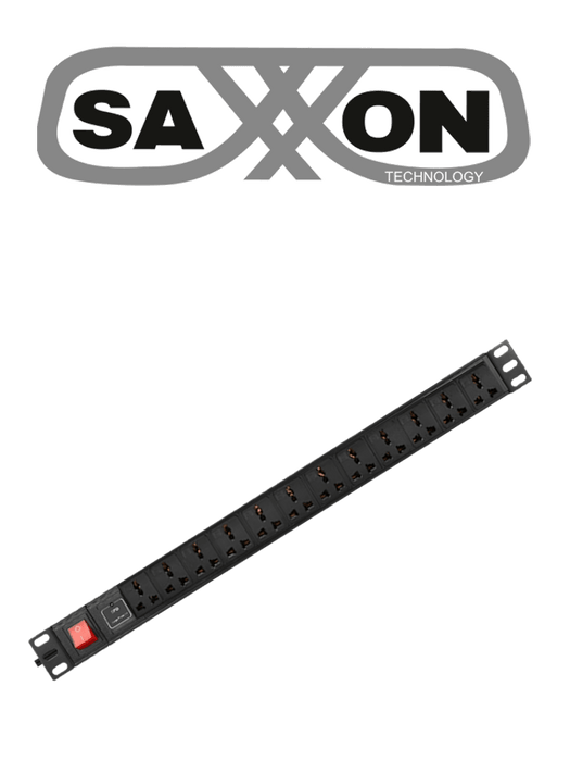 SAXXON SXPDU12P16A- Barra PDU con 12 Contactos Individuales , 16 Amp , 120V , 1UR , Protección contra rayos , Aleación de Aluminio