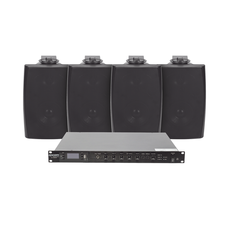 KIT de Amplificador de Audio 120W para Rack | 4 Altavoces de Pared color Negro 2.5W - 20W | Sistema 70/100V