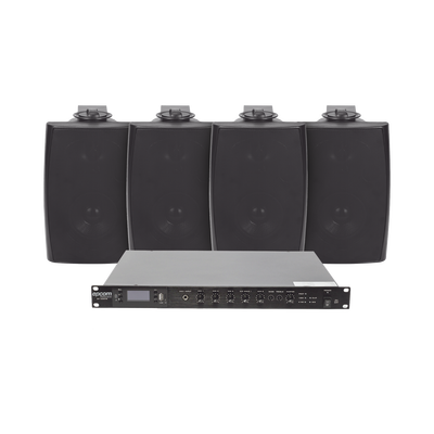 KIT de Amplificador de Audio 120W para Rack | 4 Altavoces de Pared color Negro 2.5W - 20W | Sistema 70/100V - Toer