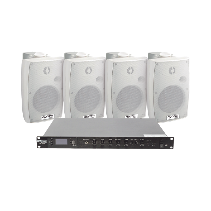 KIT de Amplificador de Audio 120W para Rack | 4 Altavoces de Pared color Blanco 2.5W - 20W | Sistema 70/100V