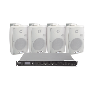 KIT de Amplificador de Audio 120W para Rack | 4 Altavoces de Pared color Blanco 2.5W - 20W | Sistema 70/100V - Toer