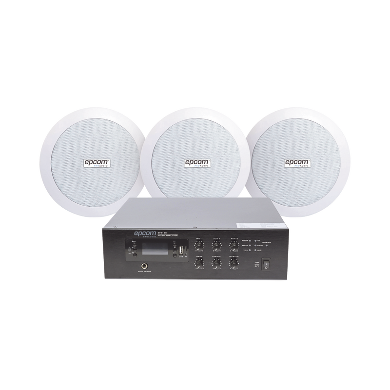 KIT de Amplificador de 120W para Escritorio | 3 Altavoces de Plafón de 5.5in | 3.75 - 30W | Sistema 70/100V