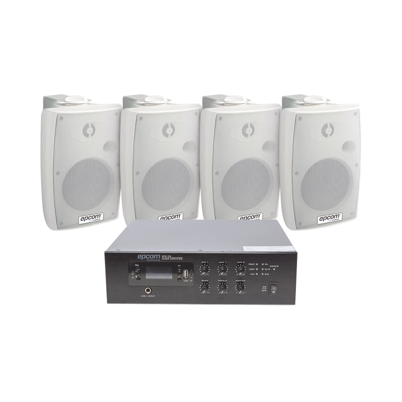 KIT de Amplificador de 120W para Escritorio | 4 Altavoces de Pared color Blanco 2.5W - 20W | Sistema 70/100V