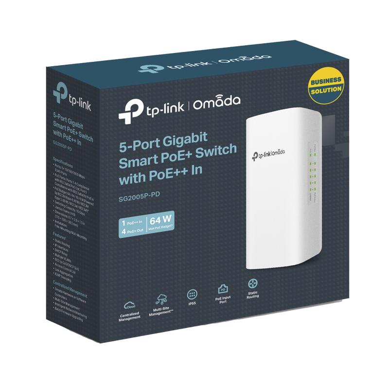 SG2005PPD Switch PoE Omada Para Exterior / 1 Puerto PoE++ IN 802.3 af/at/bt / 4 Puertos PoE+ OUT Gigabit / Adminstración Centralizada Omada