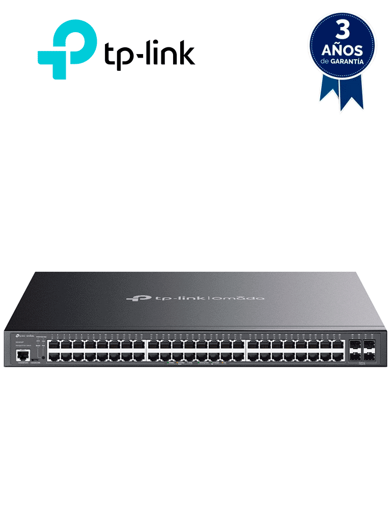 TP-LINK SG3452P - Switch L2+ Omada PoE+ con 48 puertos PoE+ 10/100/1000 Mbps, 4 puertos SFP 1G, consola RJ45/microUSB, gestión centralizada Omada/Stand-Alone, soporte Multicast IGMP, Calidad de Servicio (QoS), y presupuesto PoE 384W.