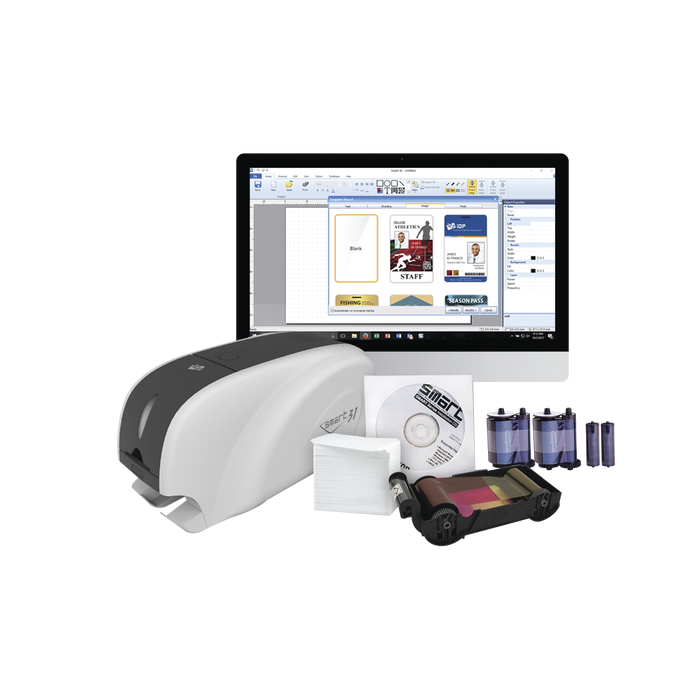Kit Impresora de tarjetas PVC/ Una Cara /incluye: 2 x Ribbons, 100 Tarjetas PVC, Software, Kit Limpieza, Garantia 3 Años, Mascara de Seguridad UV